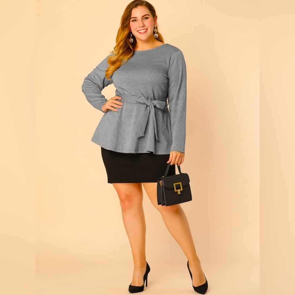 Agnes Orinda Peplum Tops Tie Houndstooth Blouse Work Tunic Shirt without belt